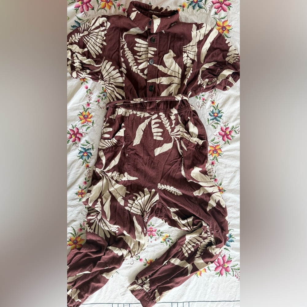 Brown and Cream Leaf Print Jumpsuit from Brazil